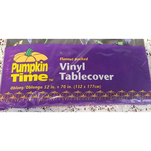 Vintage Pumpkin Time Vinyl Tablecover Halloween Cats Witch Hat Spooky 52 x 70 in - Picture 2 of 6